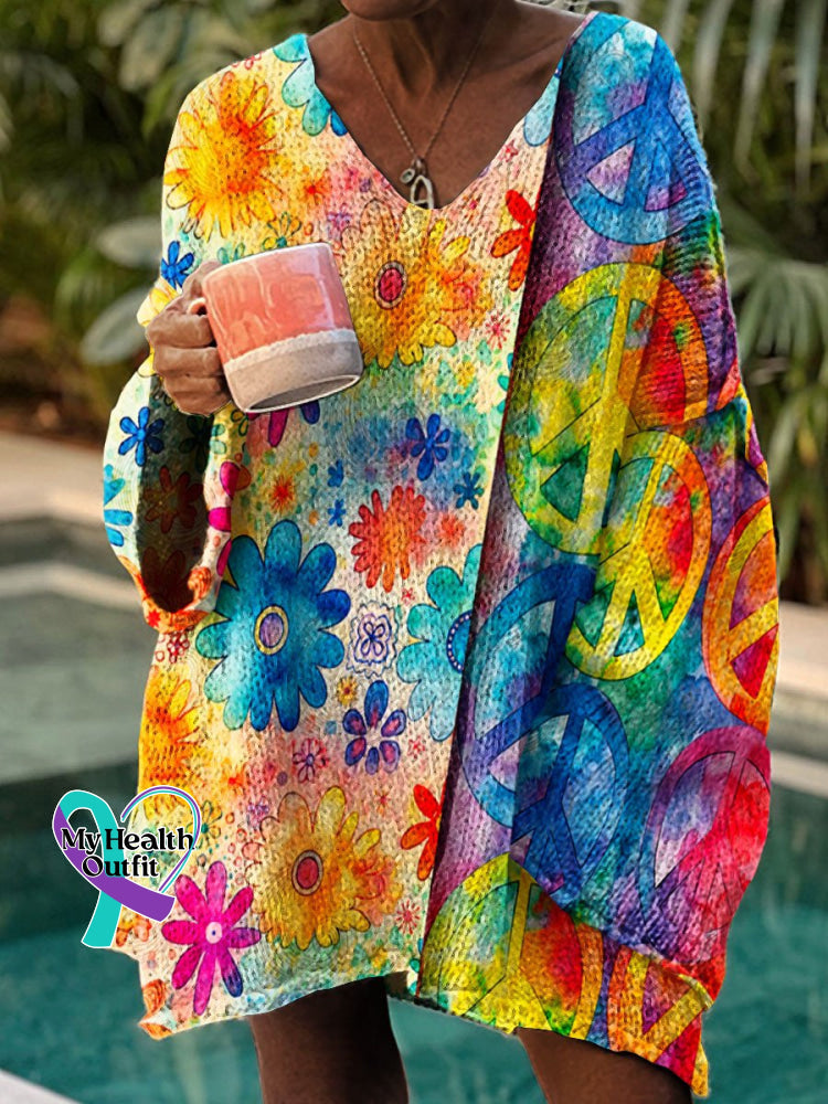 Women’s Vintage Love And Peace Hippie Art Print Casual Pullover Sweater Multicolor / M