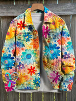 Vintage Hippie Love And Peace Flower Art Print Casual Denim Jacket / S
