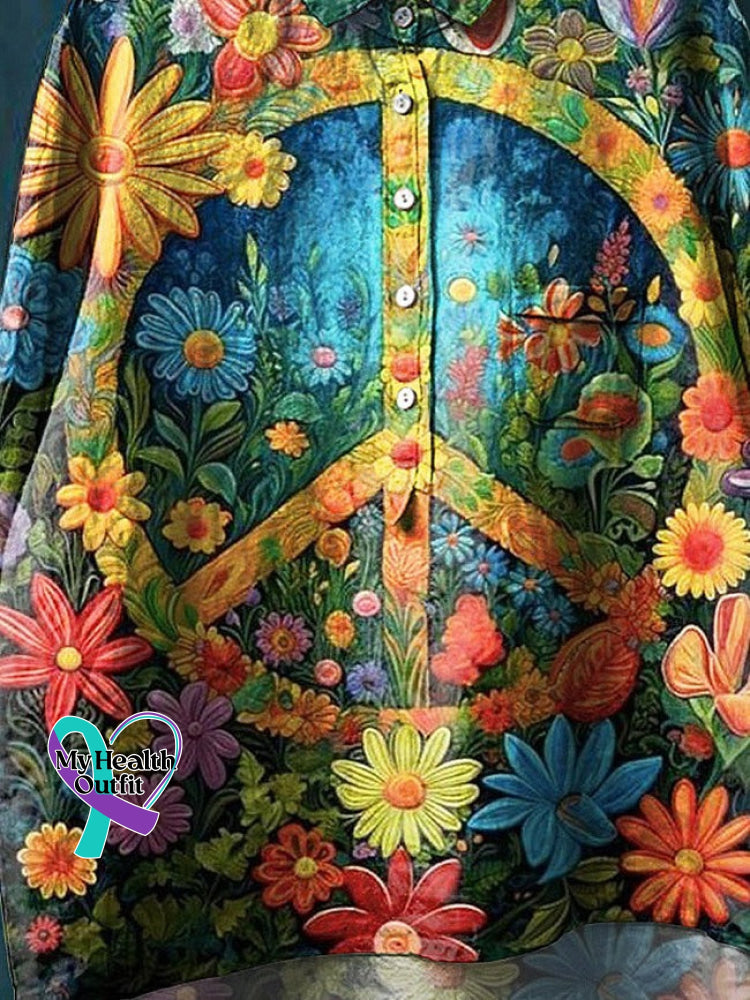 Vintage Love And Peace Art Print Casual Cotton Linen Shirt