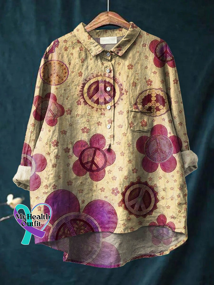 Vintage Love And Peace Art Print Casual Cotton Linen Shirt Cute Hippie Style / S