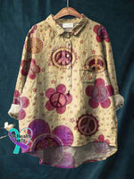 Vintage Love And Peace Art Print Casual Cotton Linen Shirt Cute Hippie Style / S