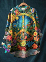 Vintage Love And Peace Art Print Casual Cotton Linen Shirt Floral / S