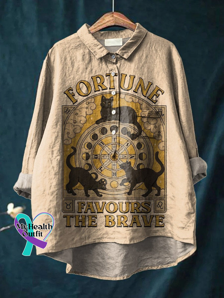 Vintage Love And Peace Art Print Casual Cotton Linen Shirt Fortune Favours The Brave / S