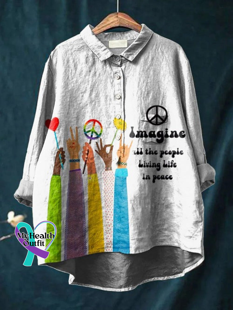 Vintage Love And Peace Art Print Casual Cotton Linen Shirt Imagine All The People Living Life In / S