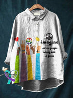 Vintage Love And Peace Art Print Casual Cotton Linen Shirt Imagine All The People Living Life In / S
