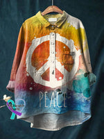 Vintage Love And Peace Art Print Casual Cotton Linen Shirt / S