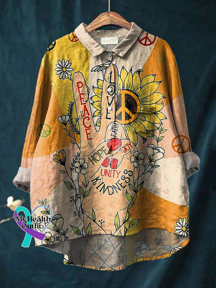 Vintage Love And Peace Art Print Casual Cotton Linen Shirt / S