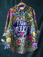 Vintage Love And Peace Art Print Casual Cotton Linen Shirt You Are Enough / S