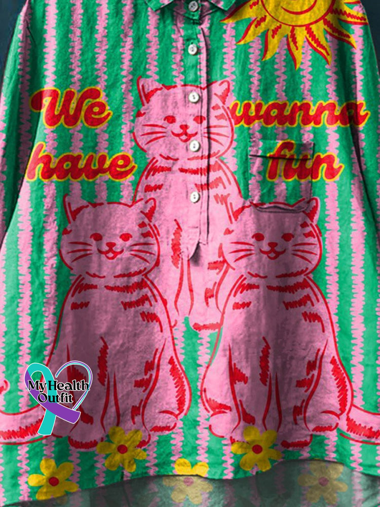 Vintage Lovely Cats We Wanna Have Fun Art Print Casual Cotton And Linen Shirt