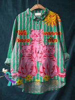 Vintage Lovely Cats We Wanna Have Fun Art Print Casual Cotton And Linen Shirt Multicolor / S