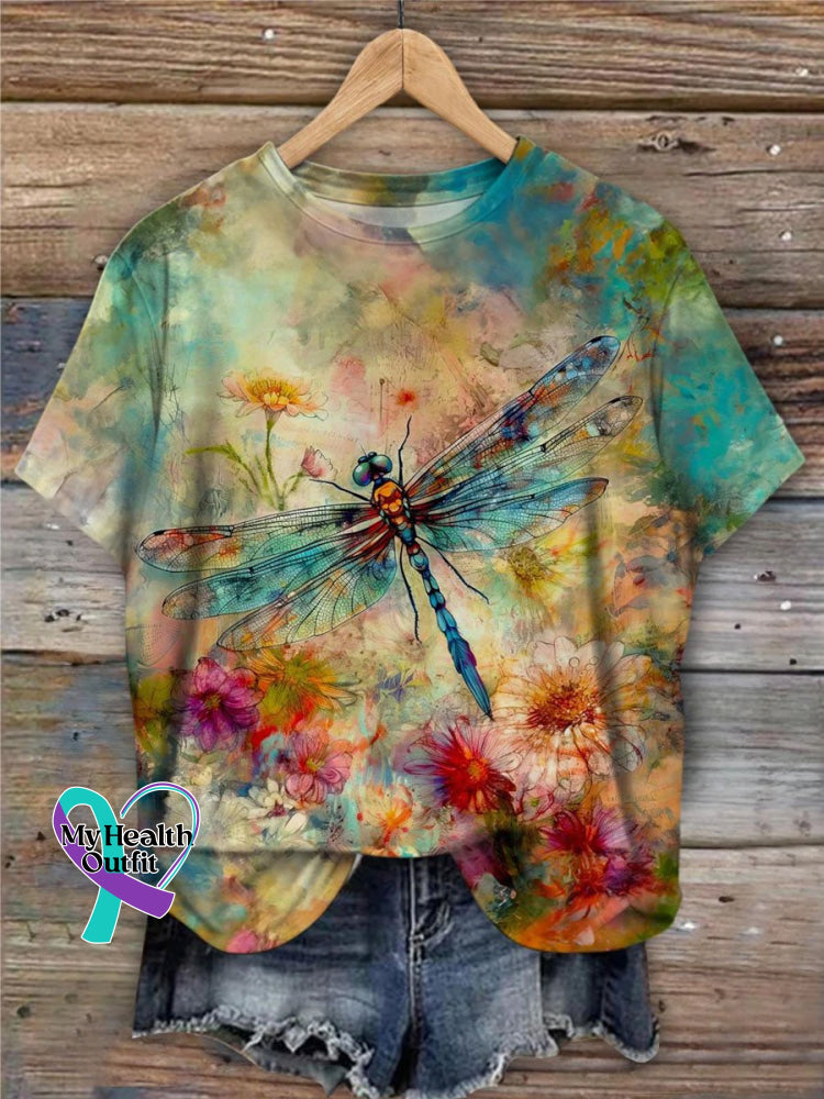Vintage Lovely Dragonfly Art Print Casual T-Shirt Multicolor / S