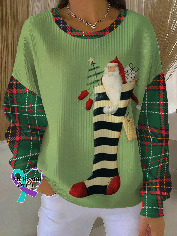 Vintage Santa Claus Art Print Casual Sweatshirt Plaid / S