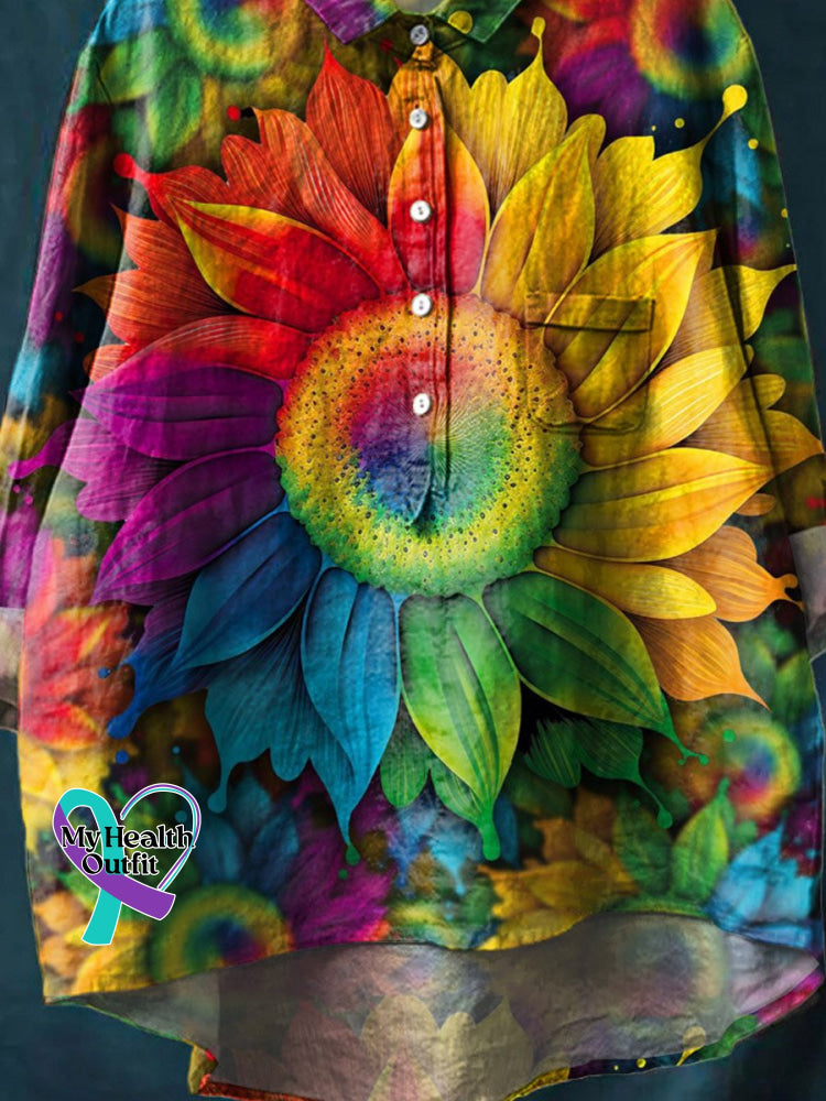 Vintage Sunflowers Love And Peace Art Print Casual Cotton Linen Shirt