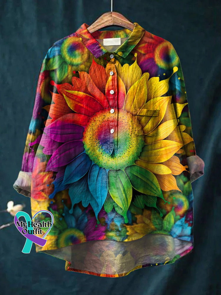 Vintage Sunflowers Love And Peace Art Print Casual Cotton Linen Shirt Multicolor / S