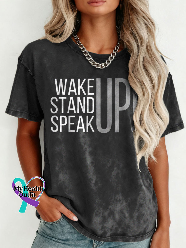 Wake Up Stand Up Speak Up Pattern Art Print Retro Distressed Washed Cotton T-shirt Black / S