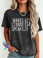 Wake Up Stand Up Speak Up Pattern Art Print Retro Distressed Washed Cotton T-shirt Black / S