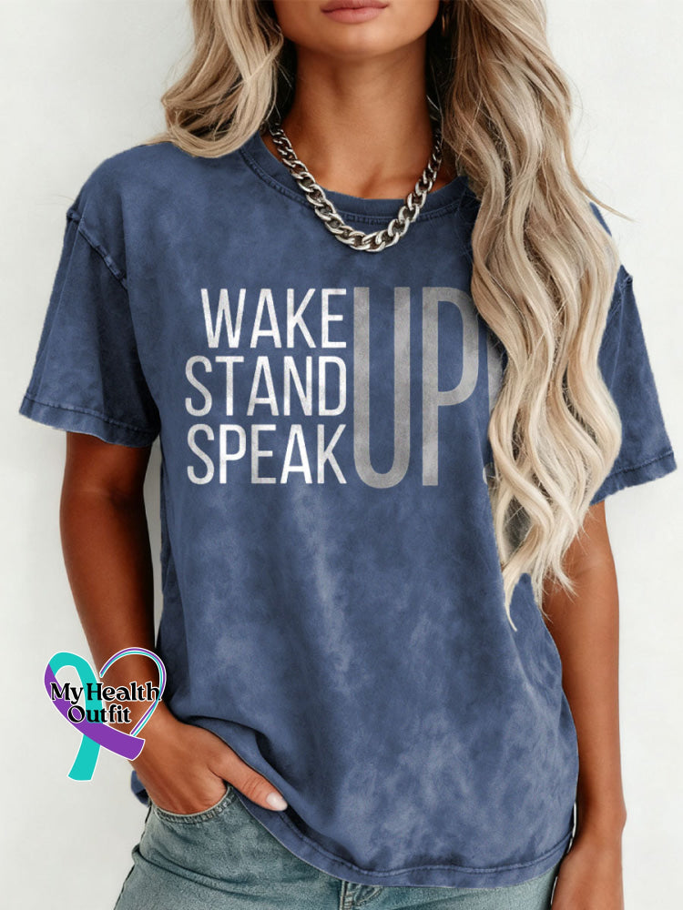Wake Up Stand Up Speak Up Pattern Art Print Retro Distressed Washed Cotton T-shirt Blue / S