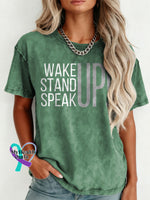 Wake Up Stand Up Speak Up Pattern Art Print Retro Distressed Washed Cotton T-shirt Green / S