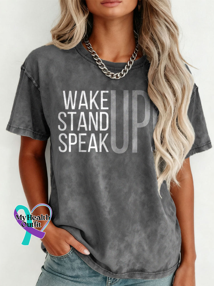Wake Up Stand Up Speak Up Pattern Art Print Retro Distressed Washed Cotton T-shirt Grey / S
