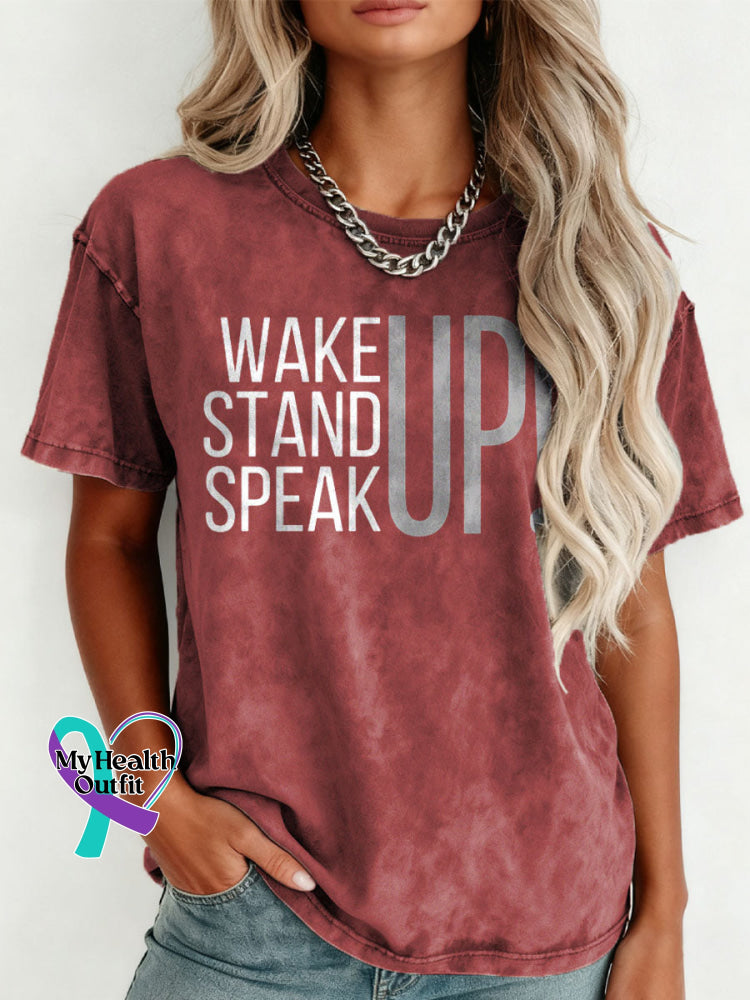 Wake Up Stand Up Speak Up Pattern Art Print Retro Distressed Washed Cotton T-shirt Red / S