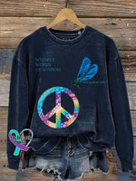 Whisper Words Of Wisdom Let It Be Dragonfly Peace Sign Print Casual Sweatshirt Blue / S