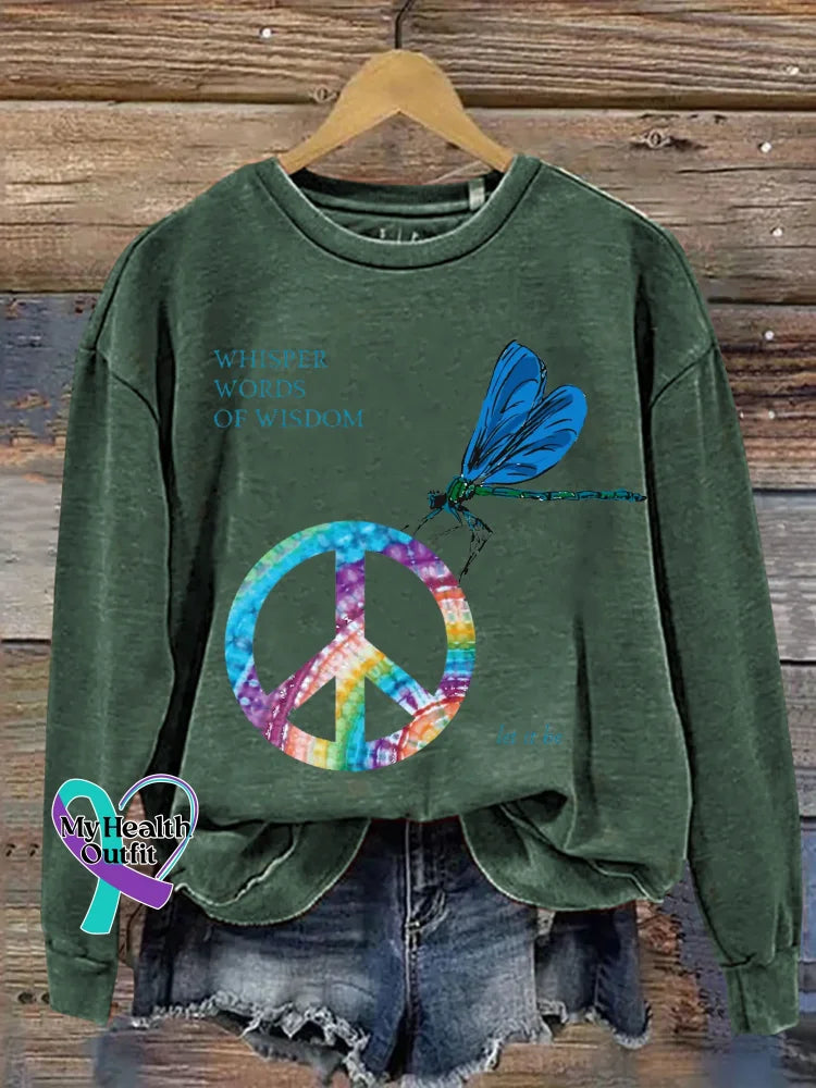 Whisper Words Of Wisdom Let It Be Dragonfly Peace Sign Print Casual Sweatshirt Green / S