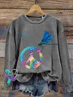 Whisper Words Of Wisdom Let It Be Dragonfly Peace Sign Print Casual Sweatshirt Grey / S