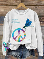 Whisper Words Of Wisdom Let It Be Dragonfly Peace Sign Print Casual Sweatshirt White / S