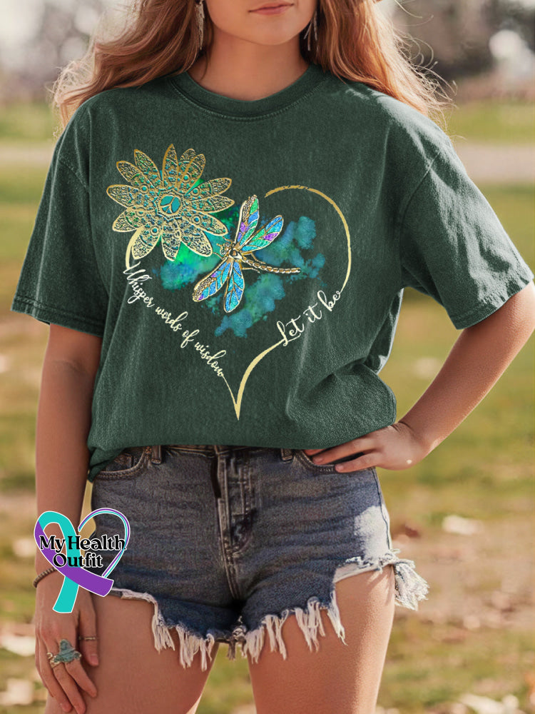 Whisper Words of Wisdom Let It Be Dragonfly Retro Distressed Washed Cotton T-shirt Green / S