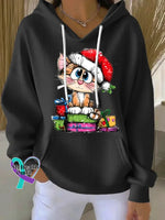 Woman’s Christmas Vintage Cat Print Casual Hoodie Sweatshirt Black / S