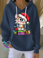 Woman’s Christmas Vintage Cat Print Casual Hoodie Sweatshirt Blue / S