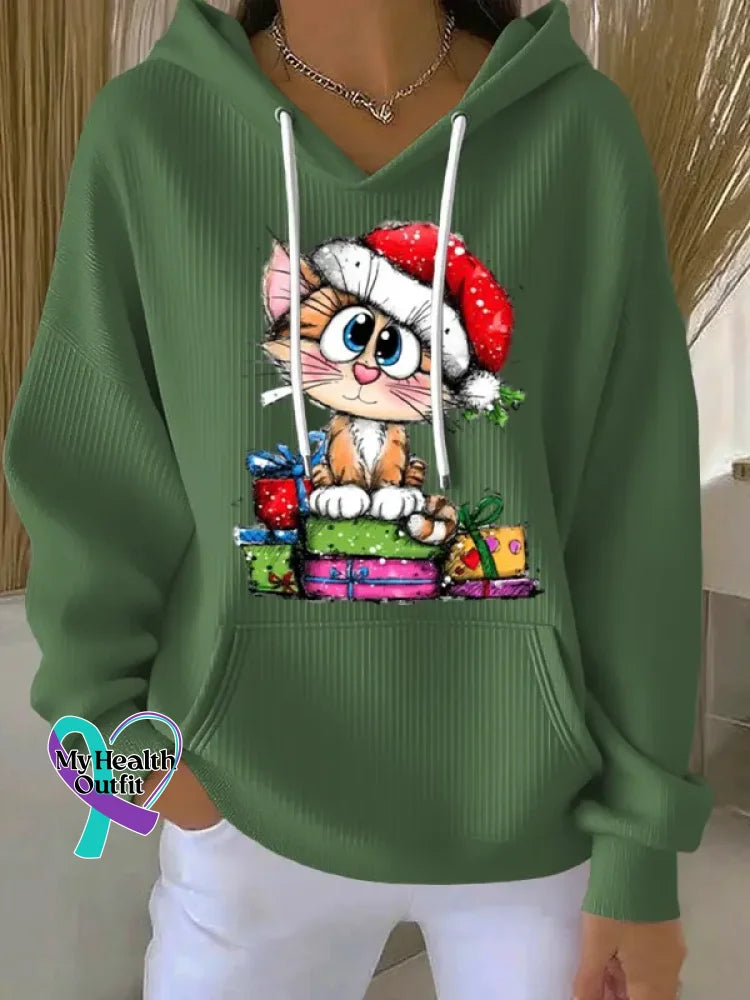 Woman’s Christmas Vintage Cat Print Casual Hoodie Sweatshirt Green / S