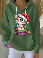 Woman’s Christmas Vintage Cat Print Casual Hoodie Sweatshirt Green / S