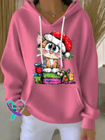 Woman’s Christmas Vintage Cat Print Casual Hoodie Sweatshirt Pink / S
