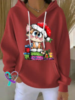 Woman’s Christmas Vintage Cat Print Casual Hoodie Sweatshirt Red / S