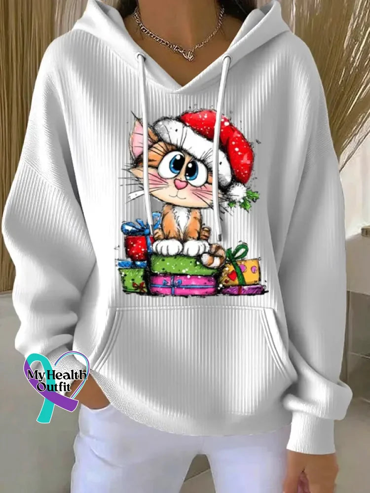 Woman’s Christmas Vintage Cat Print Casual Hoodie Sweatshirt White / S