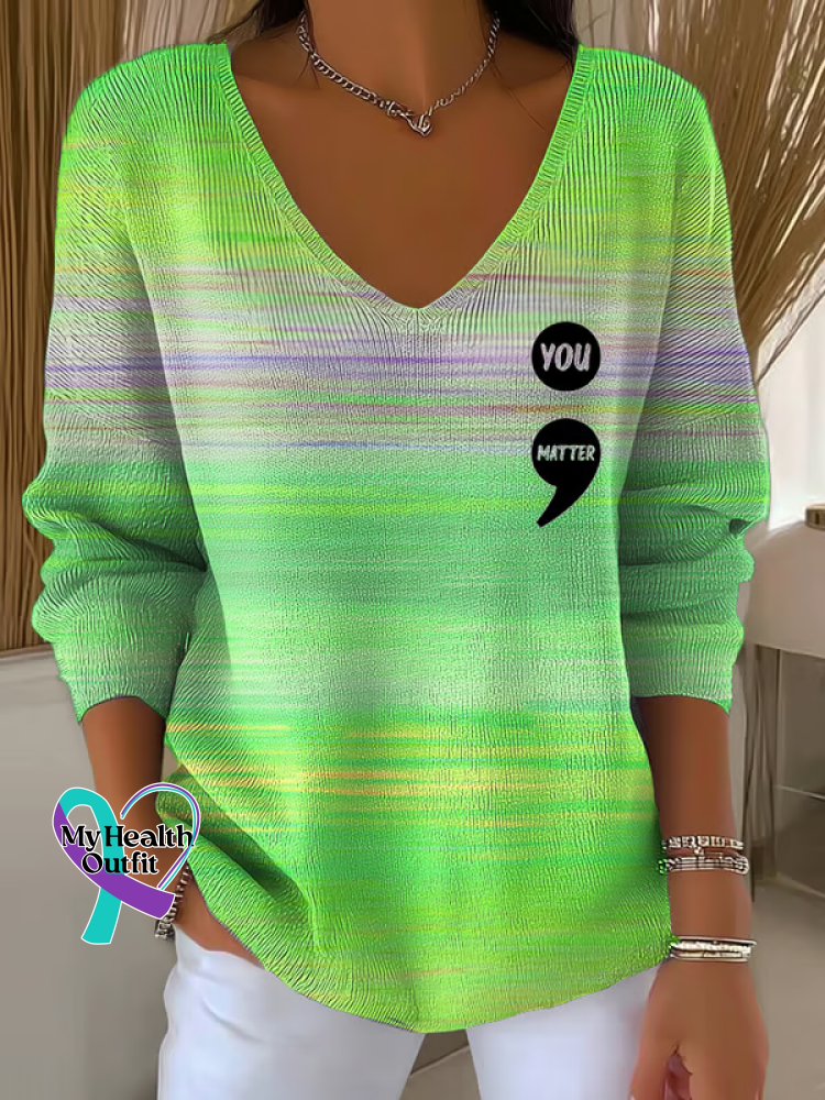 Women ’s You Matter Print V Neck Sweater Green / S