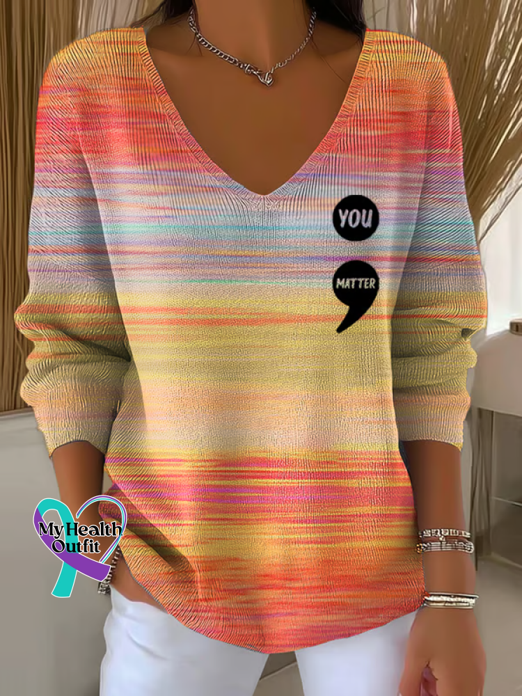 Women ’s You Matter Print V Neck Sweater Orange / S