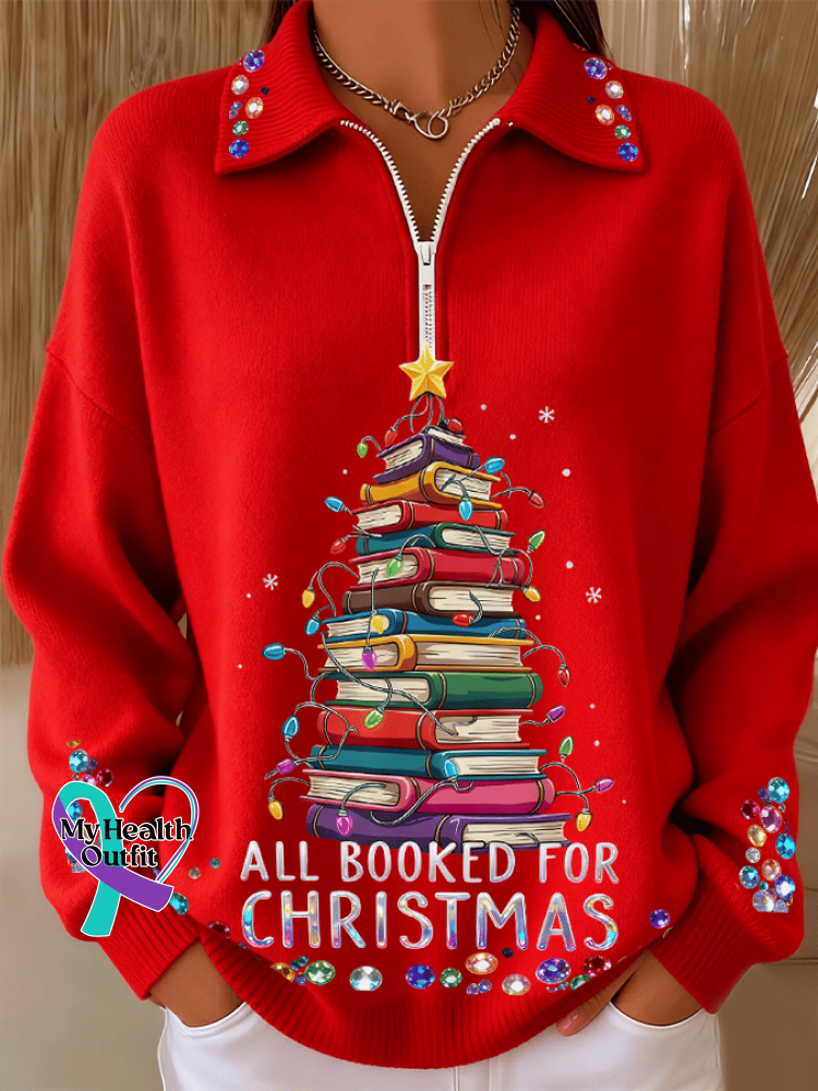 Women’s ALL BOOKED FOR CHRISTMAS Graphic Print Half-Zip Henley Neck Sweatshirt Picture 1 / S