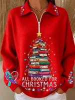 Women’s ALL BOOKED FOR CHRISTMAS Graphic Print Half-Zip Henley Neck Sweatshirt Picture 1 / S
