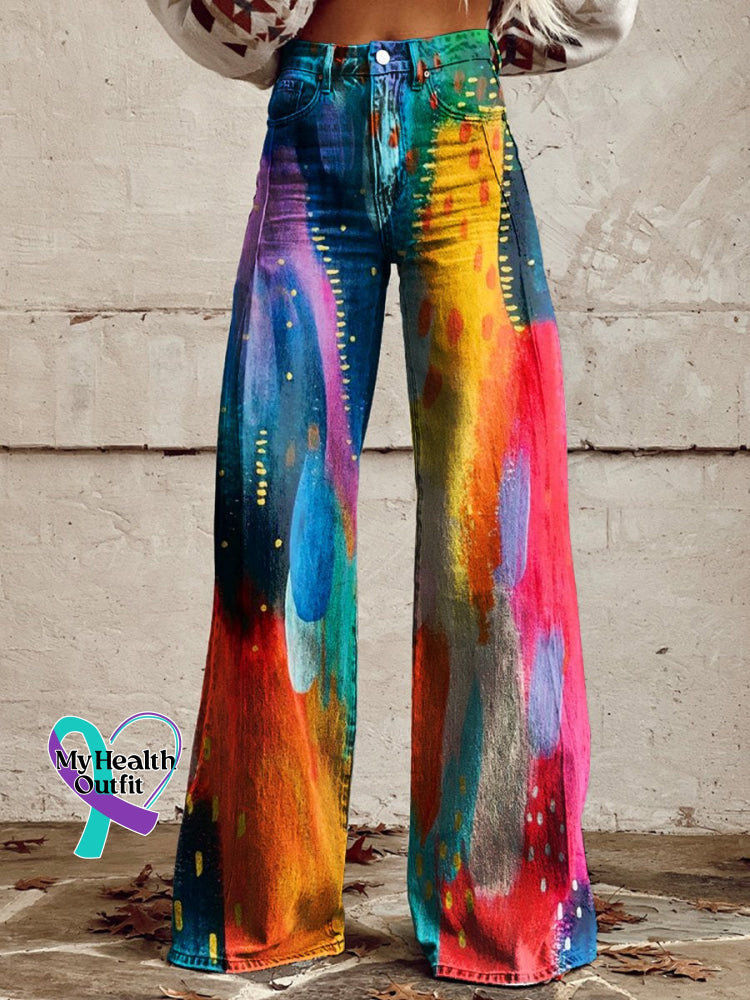 Women’s Art Print Casual Wide Leg Pants Multicolor / S