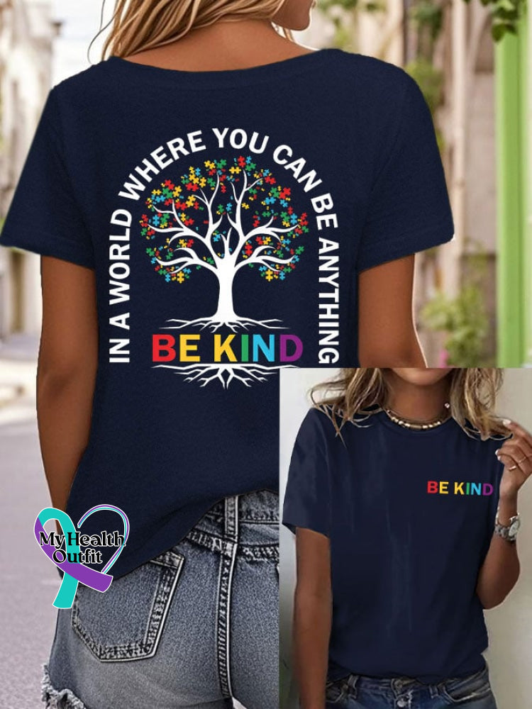 Womens Autism Awareness Please Be Kind Printed Casual T-Shirt Navy / S