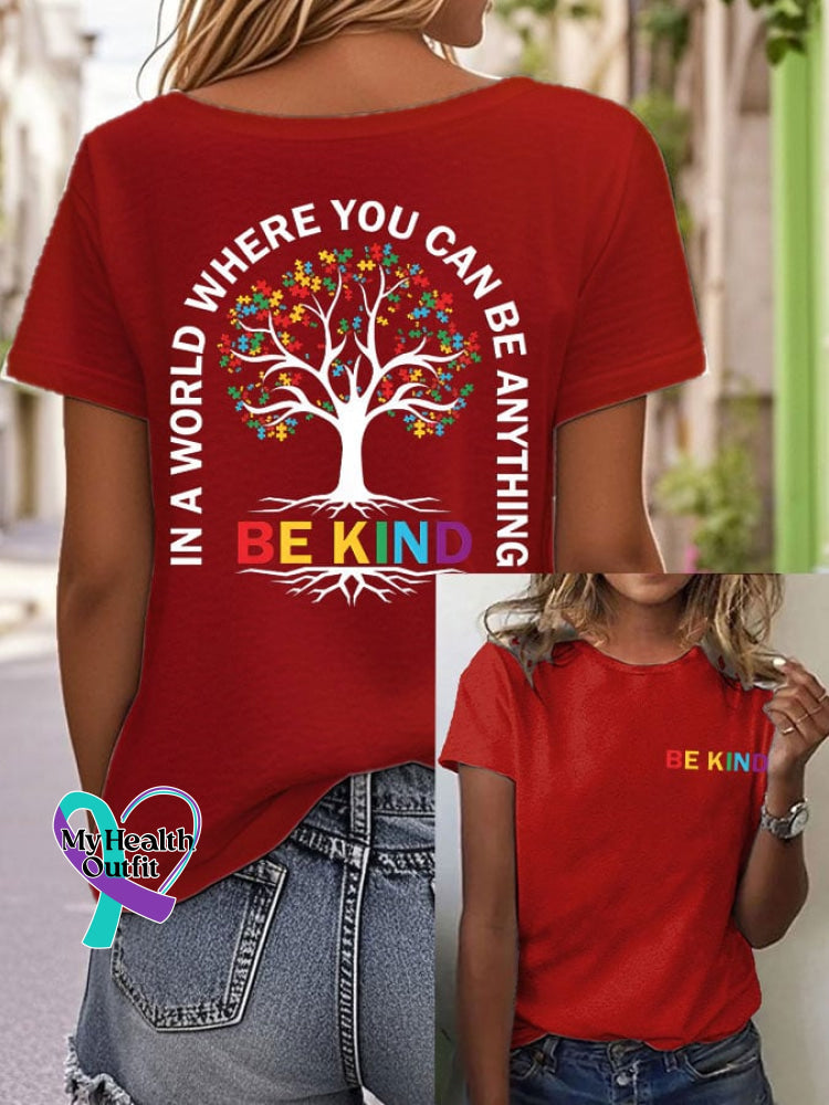 Womens Autism Awareness Please Be Kind Printed Casual T-Shirt Red / S