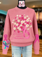 Women’s Breast Cancer Awareness Floral Casual Pullover Sweater Multicolor / S