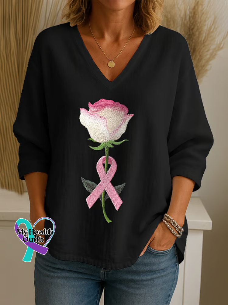 Women’s Breast Cancer Awareness Rose Print Casual Cotton Short Sleeve V-neck Shirt Black / S
