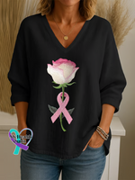 Women’s Breast Cancer Awareness Rose Print Casual Cotton Short Sleeve V-neck Shirt Black / S