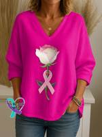 Women’s Breast Cancer Awareness Rose Print Casual Cotton Short Sleeve V-neck Shirt Pink / S