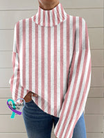Breast Cancer Awareness Stripe Print Knit Turtleneck Pullover Sweater Multicolor / S