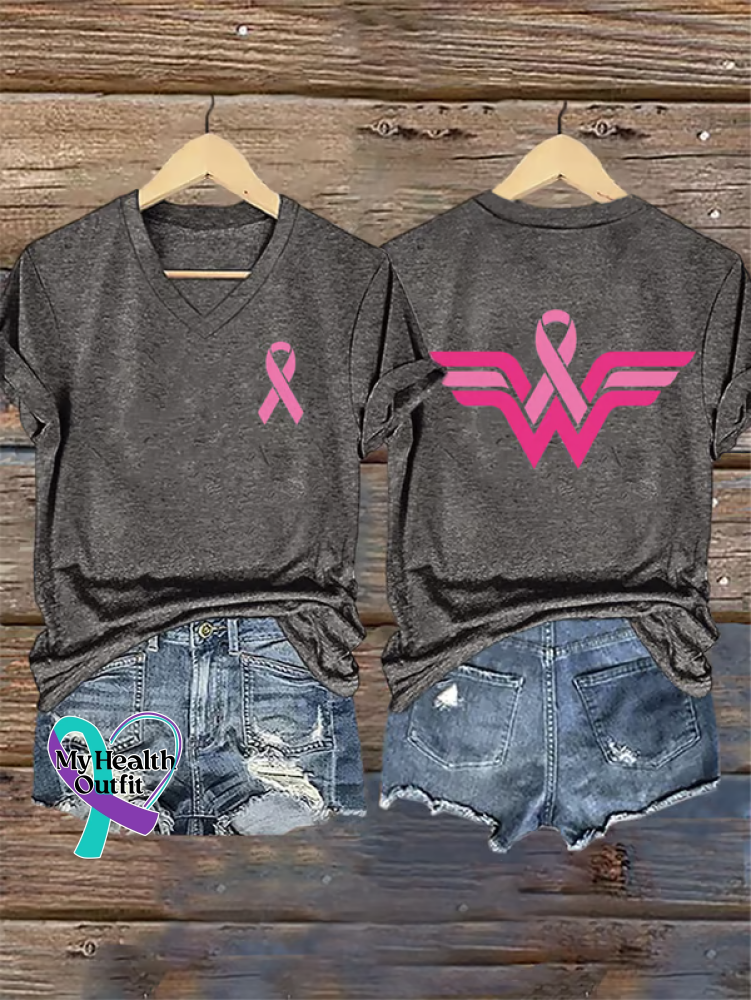Women’s Breast Cancer Awareness V neck Casual T Shirt Grey / S