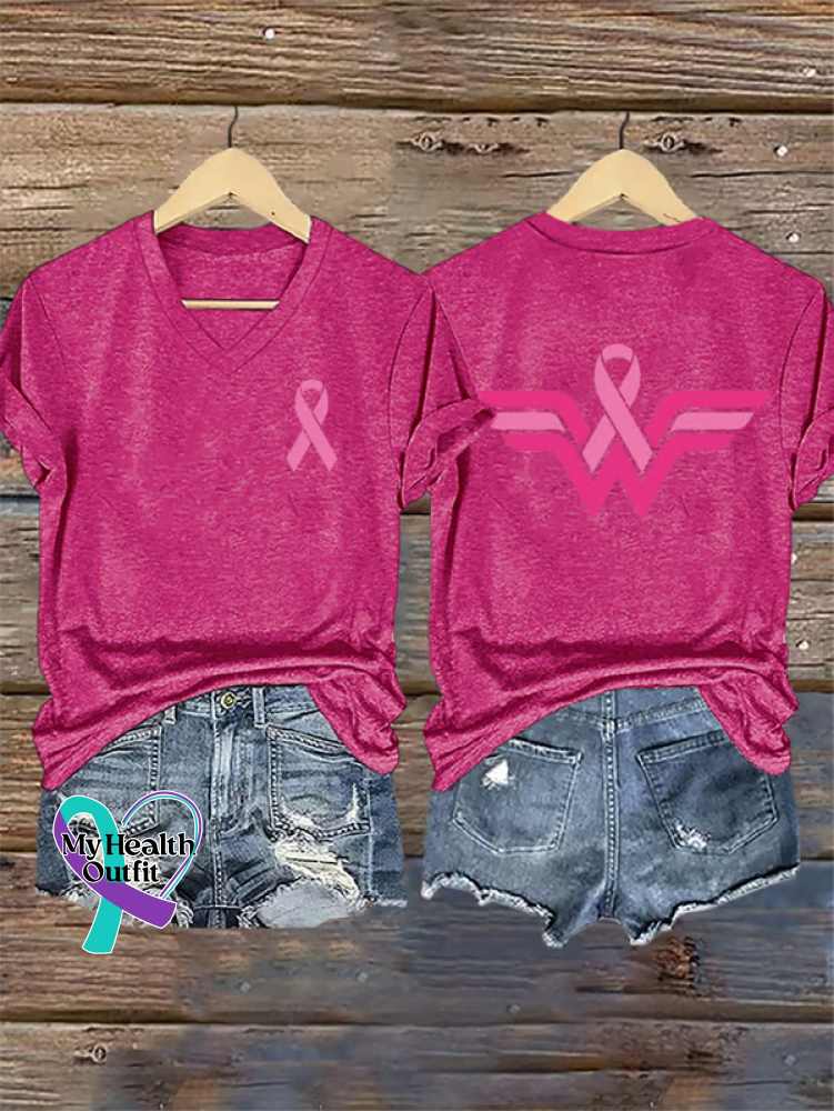 Women’s Breast Cancer Awareness V neck Casual T Shirt Pink / S